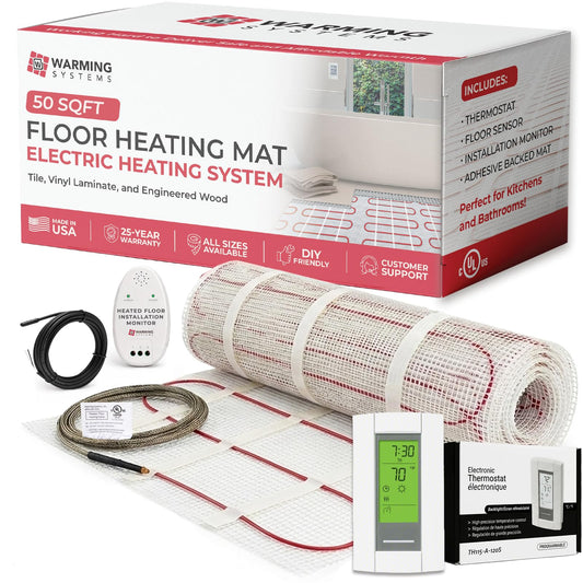 Warming Systems 50 Sqft Electric Radiant Floor Heating Mat – 120V Heated Tile Floor System with Programmable Thermostat (TH115), Floor Sensor, Installation Monitor & 25 Year Warranty, USA Made