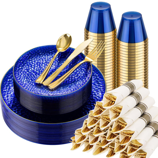 Hioasis 175pcs Blue Gold Plastic Plates - Blue Plastic Dinnerware Set Includes 25 Dinner Plate, 25 Dessert Plate, 25 Cups, 25 Napkins Perfect for Christmas & Party