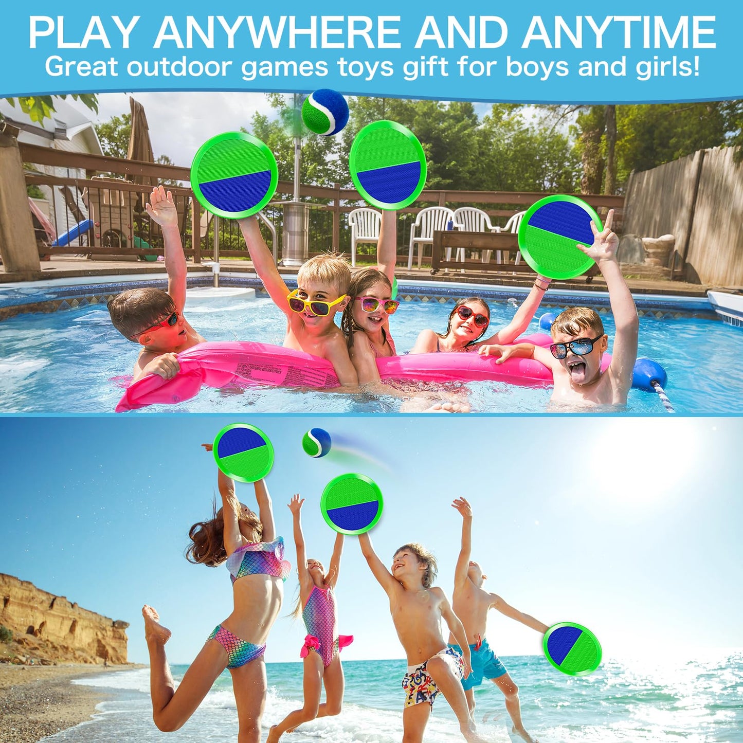 Outdoor Toys for Kids Ages 4-8, Outside Game for 3 4 5 6 7 8-12 Year Old Boys Girls, Catch Ball Toss Game for Pool, Beach, Yard- Toddlers Birthday Gifts Easter Basket Stuffers(4Pcs Green Paddles)