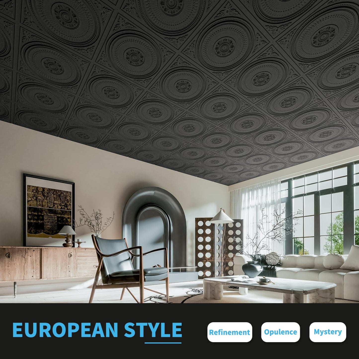 Art3d 12-Pack Drop Ceiling Tiles 2x2 FT, Decorative Easy Install PVC Ceiling Panels for Interior Kitchen Bathroom Basement, 24x24 Inch, Black