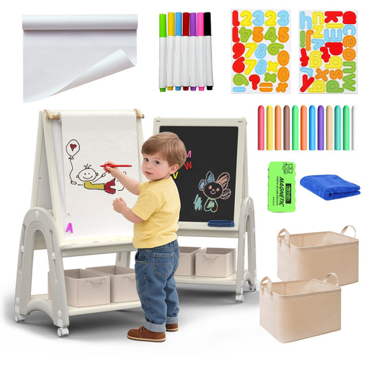 hoopyosms Art Easel for Kids 2-4 with Wheels, Whiteboard, Chalkboard & Paper Roll Adjustable Height 3-in-1 Toddler Easel for 2-4 Year Old Painting Easel for Kids with Storage & Accessories, Grey