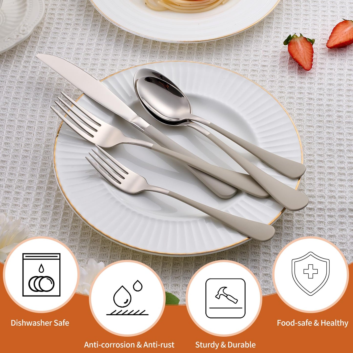 Lekoton 20 Piece Cream Grey 18/0 Flatware Utensil Set for 4, Include Dinner Knife,Dinner Forks,Dinner Spoons,Salad Forks,Teaspoons,Silverware Set for 4, Dishwasher Safe
