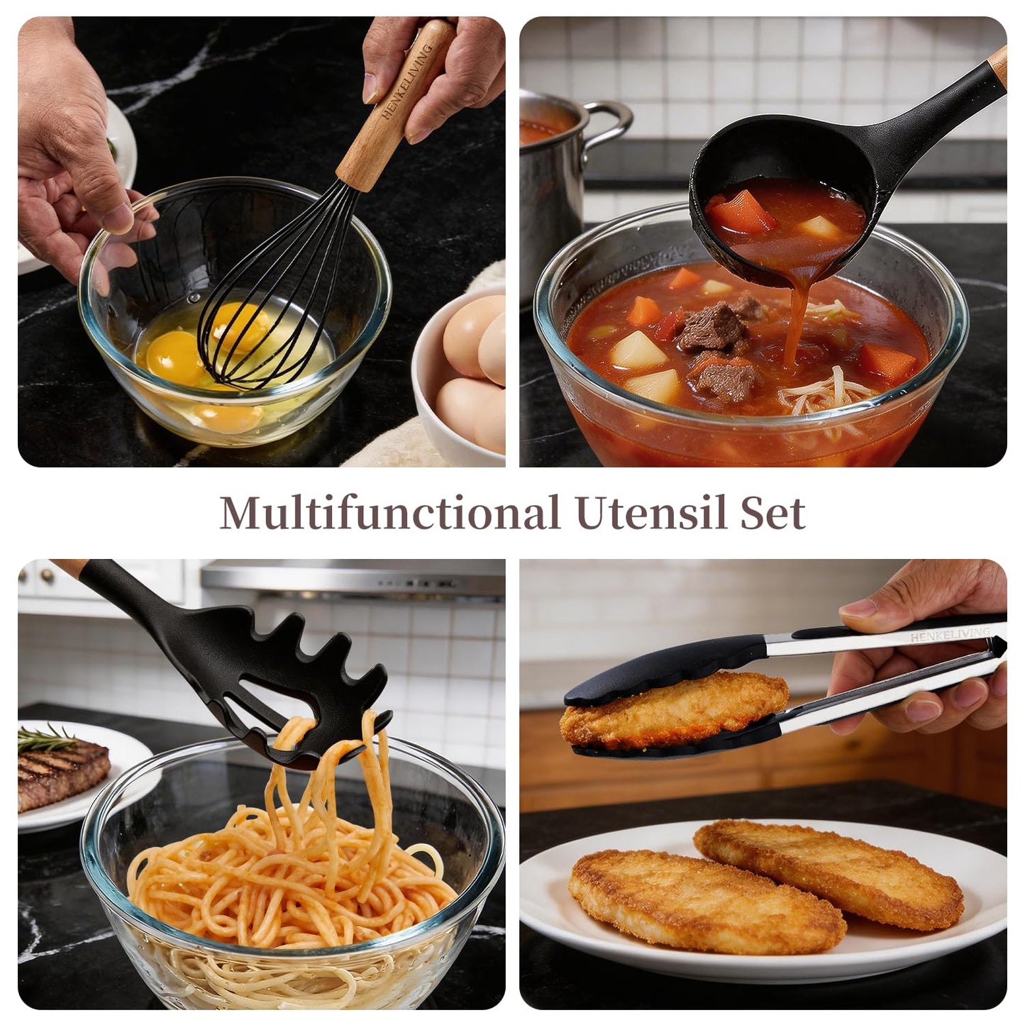 Silicone 10 Pcs Kitchen Cooking Utensils Set, Recycled Materials Certification, BPA Free Spatula Set with Heat Resistant Wood Handles for Nonstick Cookware, Black