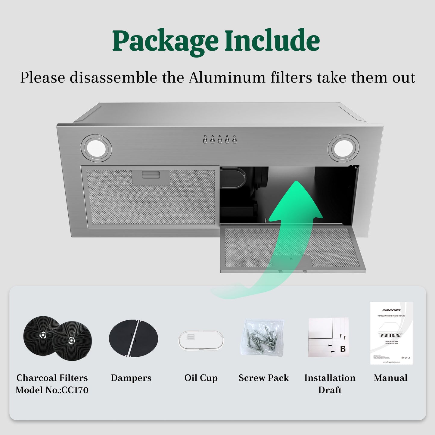 FIREGAS Range Hood Insert 30 Inch, 600 CFM Ducted/Ductless Convertible Built-in Kitchen Vent Hood, Stainless Steel Stove Hood with 3 Speed Exhaust Fan & Aluminum Filters