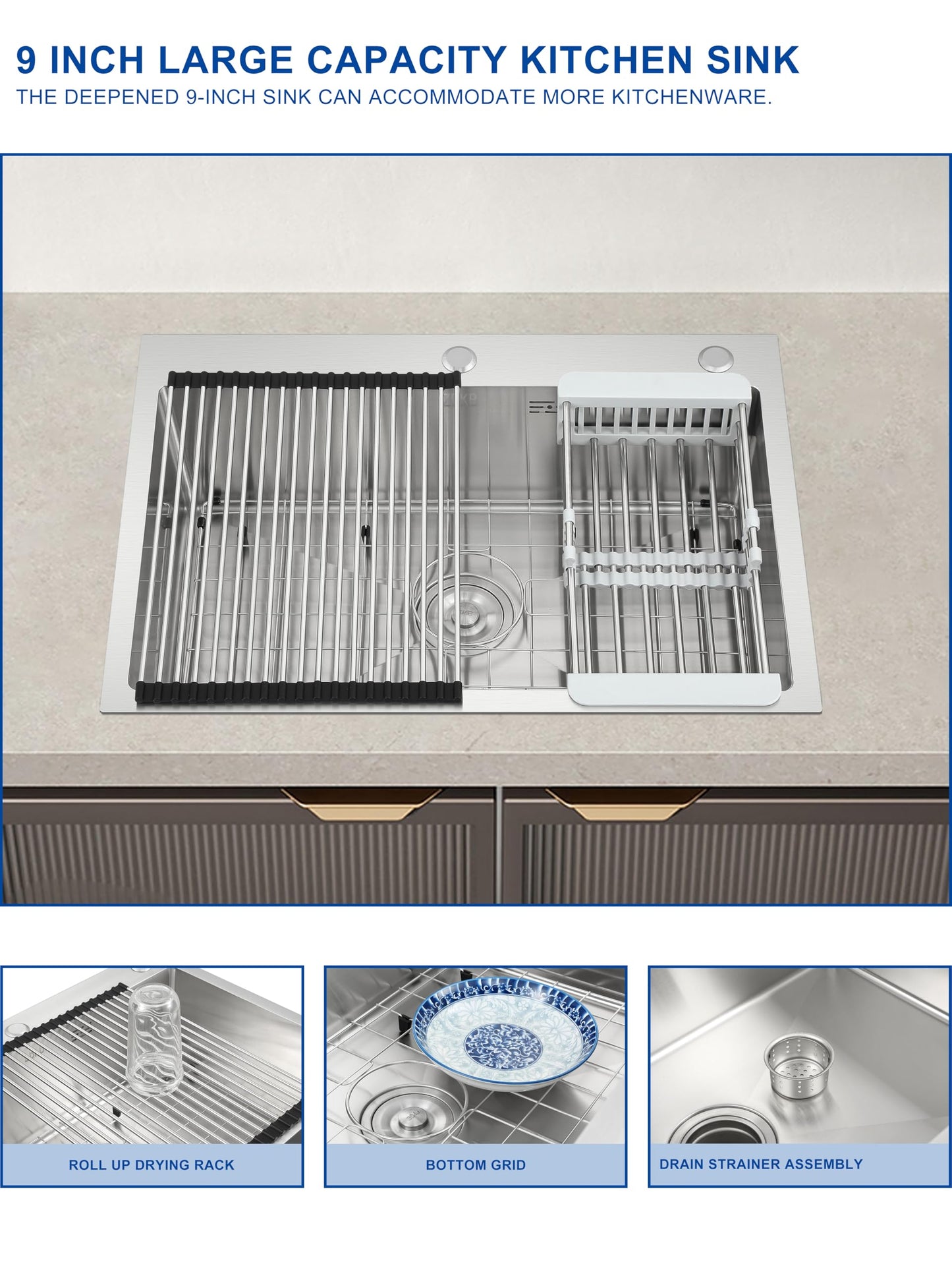 ZBKB 28 Inch Drop in Kitchen Sink with Overflow, 16 Gauge Stainless Steel Single Bowl Topmount Kitchen Sink, 9 Inch Deep Sink with Dish Grid, Roll Drainer and Basket Strainer