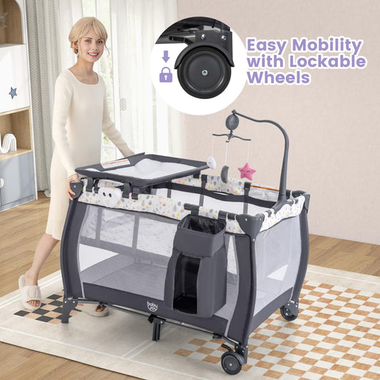 Costzon 3 in 1 Pack and Play with Bassinet, Portable Baby Playard with Changing Table, Music Box, Whirling Toys, Wheels/Brake, Basket, Foldable Infant Bassinet Crib for Baby Toddlers Indoor Outdoor
