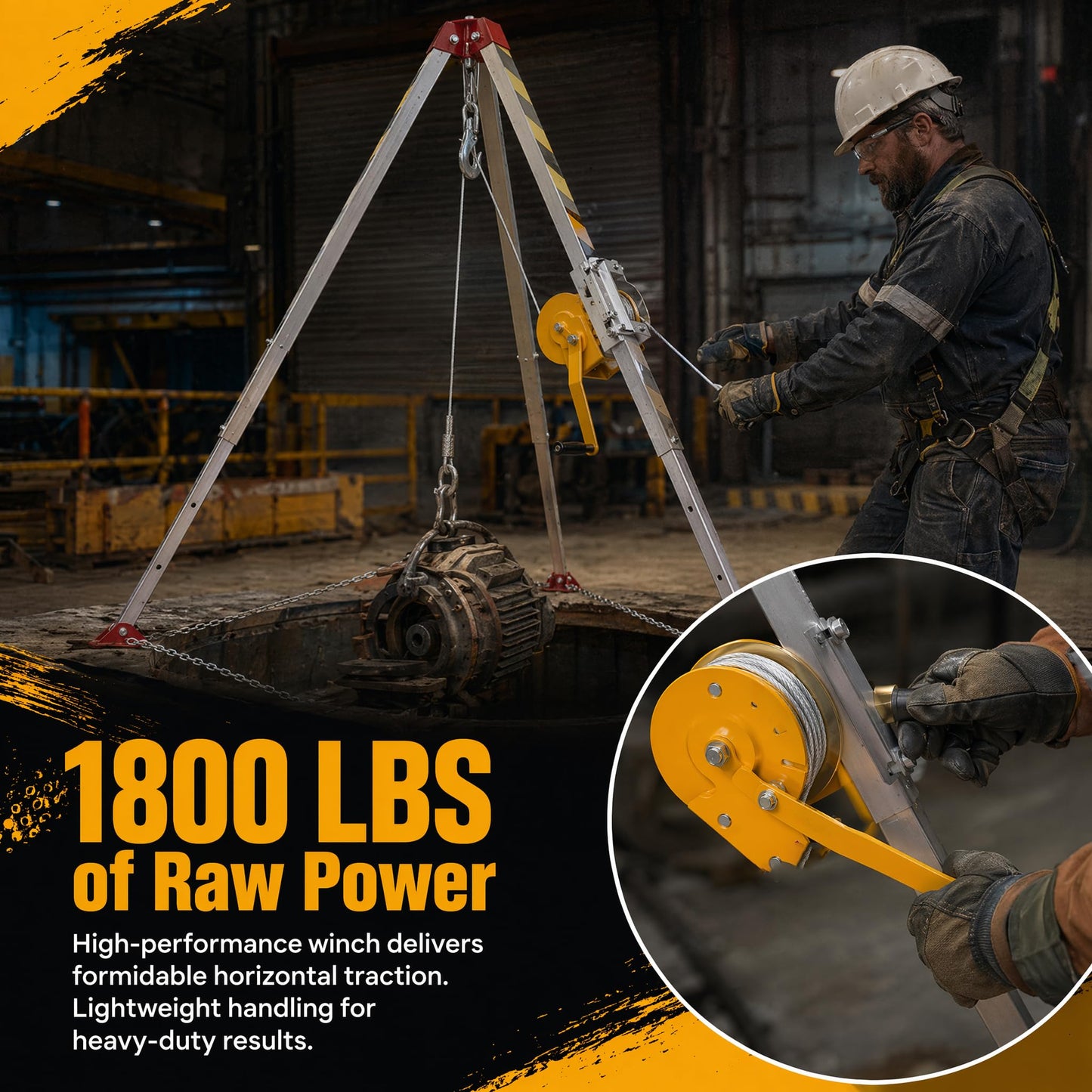 Fall Protection Equipment 1800lbs Confined Space Tripod Kit 98.43ft Steel Wire Rope Lifting Winch Adjustable Height 4.40-7.1FT Rescue Tripod System Aluminium Safety Device