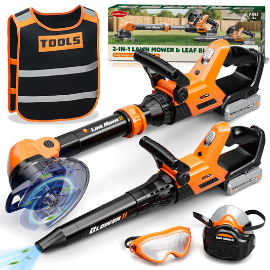 KidBloom Kids Gardening Tools Set with Vest, 2-in-1 Kids Lawn Mower & Kids Leaf Blower with Lights & Sounds, Toy Weed Wacker with Goggles & Mask, Outdoor Pretend Play Toys, Birthday Gifts for Boys 3+