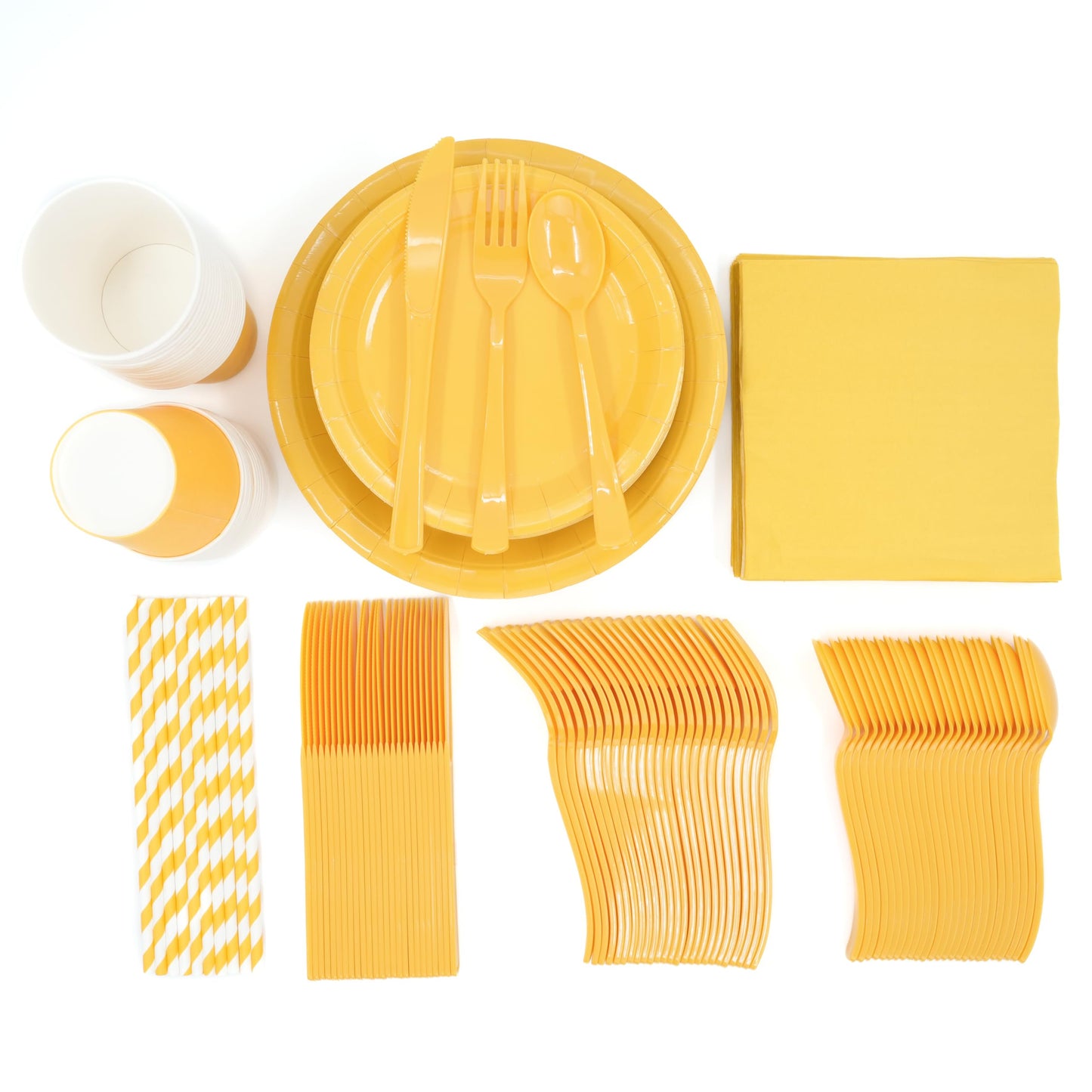 DX DENGXUAN 400-Piece Yellow Party Set,Disposable Paper Plates Cups Plastic Spoons and Fork Knives Yellow Napkin,Suitable for 50 Guests,Disposable Party Tableware Set,Wedding Birthday Party.