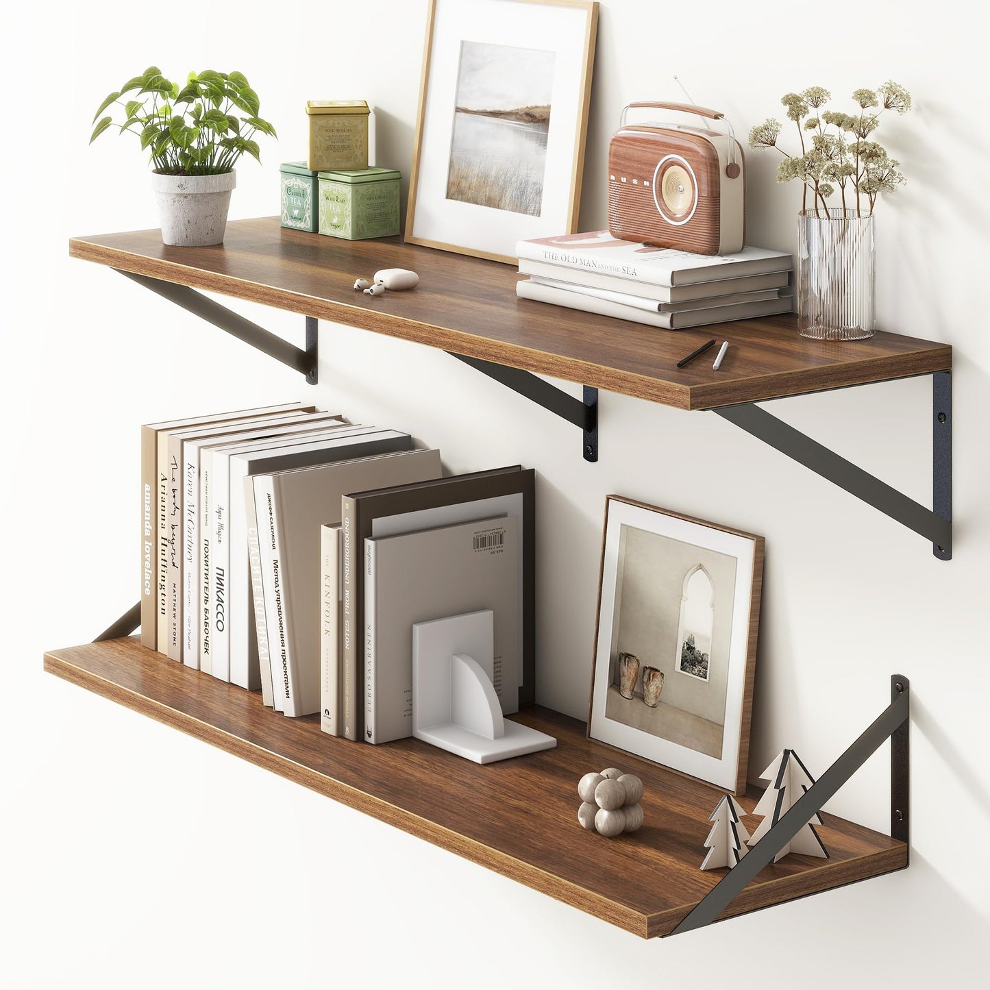 36"W x 10"D Floating Shelves, 10 Inch Deep Walnut Floating Shelves, Farmhouse Rustic Deep Wall Shelves for Home Decor, Wide Large Floating Shelf for Bathroom, Living Room, Kitchen, Study Room