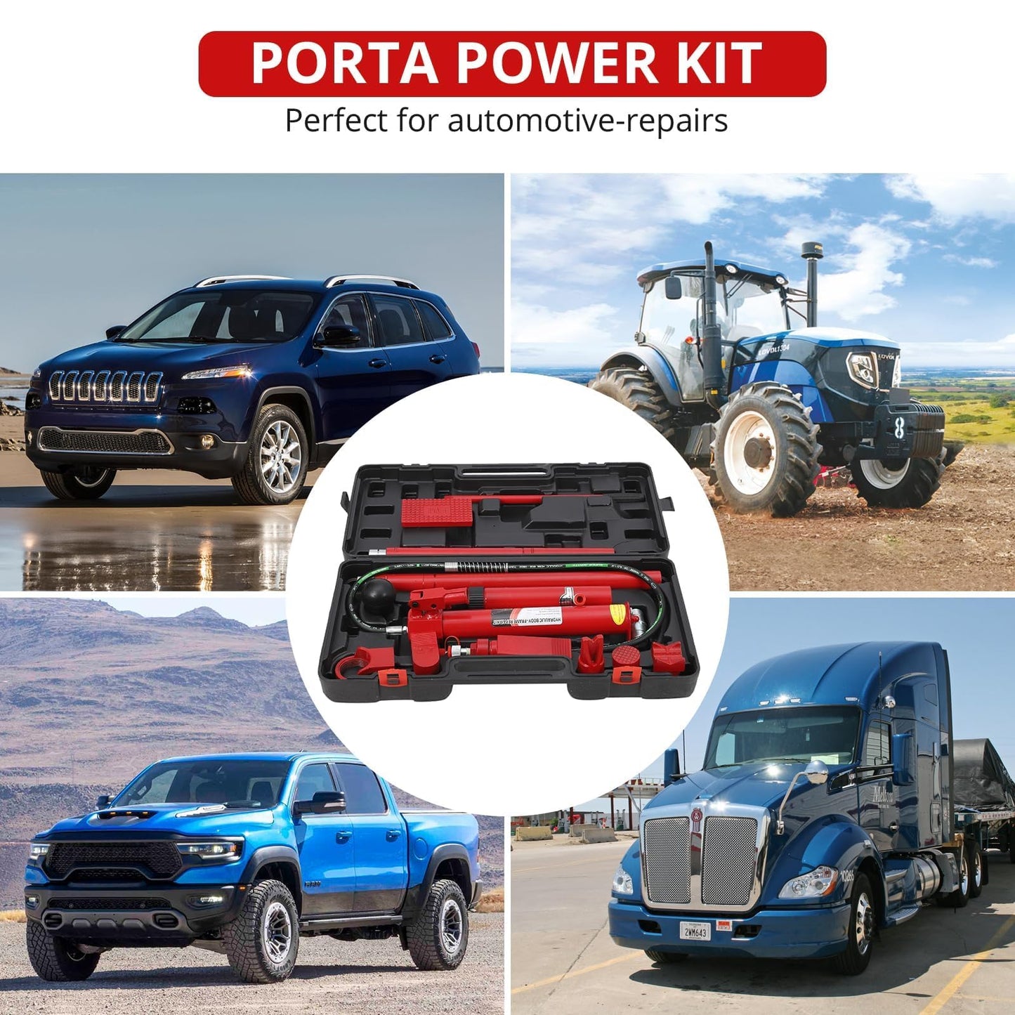 10-Ton Hydraulic Porta Power Kit with Heavy Duty Ram, Secure Transport Case, Frame Repair and Lifting Tool for Auto Shop and Construction
