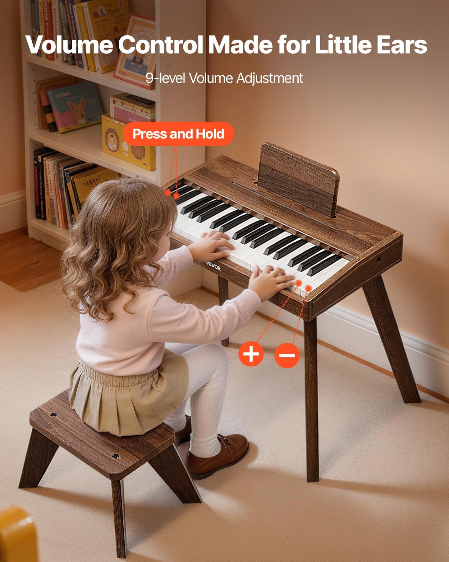 VEVOR Kids Piano Keyboard, 37 Key Wooden Digital Piano for Kids, Mini Music Educational Instrument Toy Set with Realistic Sound, Dual Power, Adjustable Volume for Toddlers, Boys Girls Learning,Walnut