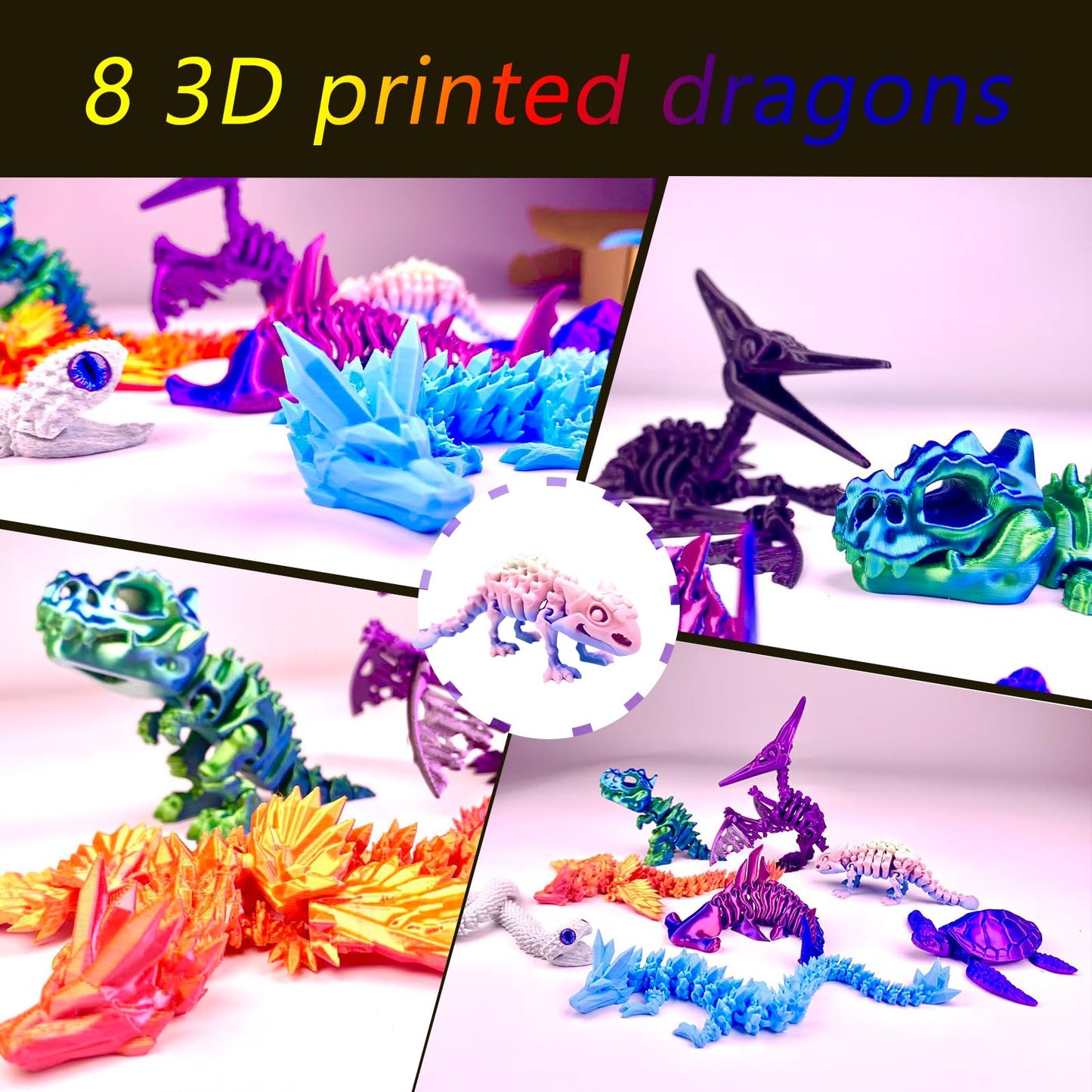 TJYZGXQ 8pcs 3D Printed Dinosaur, Snake Turtle Pterosaur T-Rex Fidget Toys,Crystal Dragon Flying Dragon，Desk Executive Toy，Easter,Toys for Boys Kids Teen 5-7 4-6 8-12