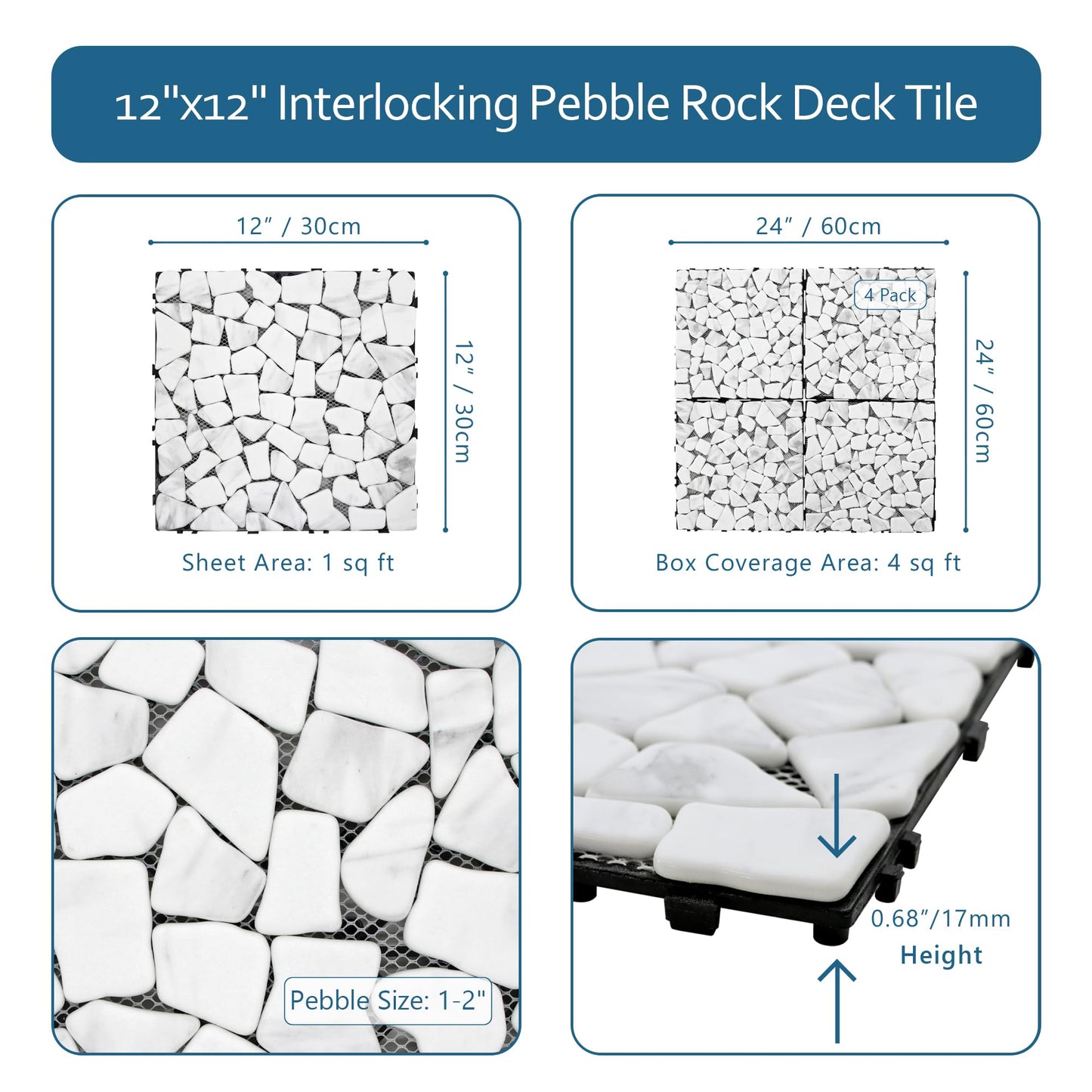 4PCS Natural Pebble Interlocking Deck Tiles, 12" x 12" Recycled Glass Marble Looks Waterproof Patio Deck, Outdoor & Indoor Flooring Decking Tiles for Porch Poolside Balcony Backyard, Carrara White