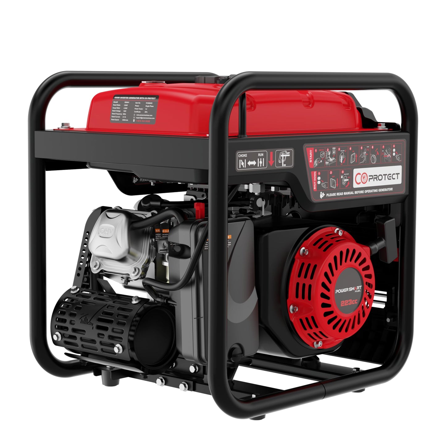 PowerSmart 4500W Portable Inverter Generator with CO Alarm, 223cc Gas Powered Engine, Quiet Run for RV Ready, Home Backup, Emergency, & Camping, EPA Compliant, Parallel Ready