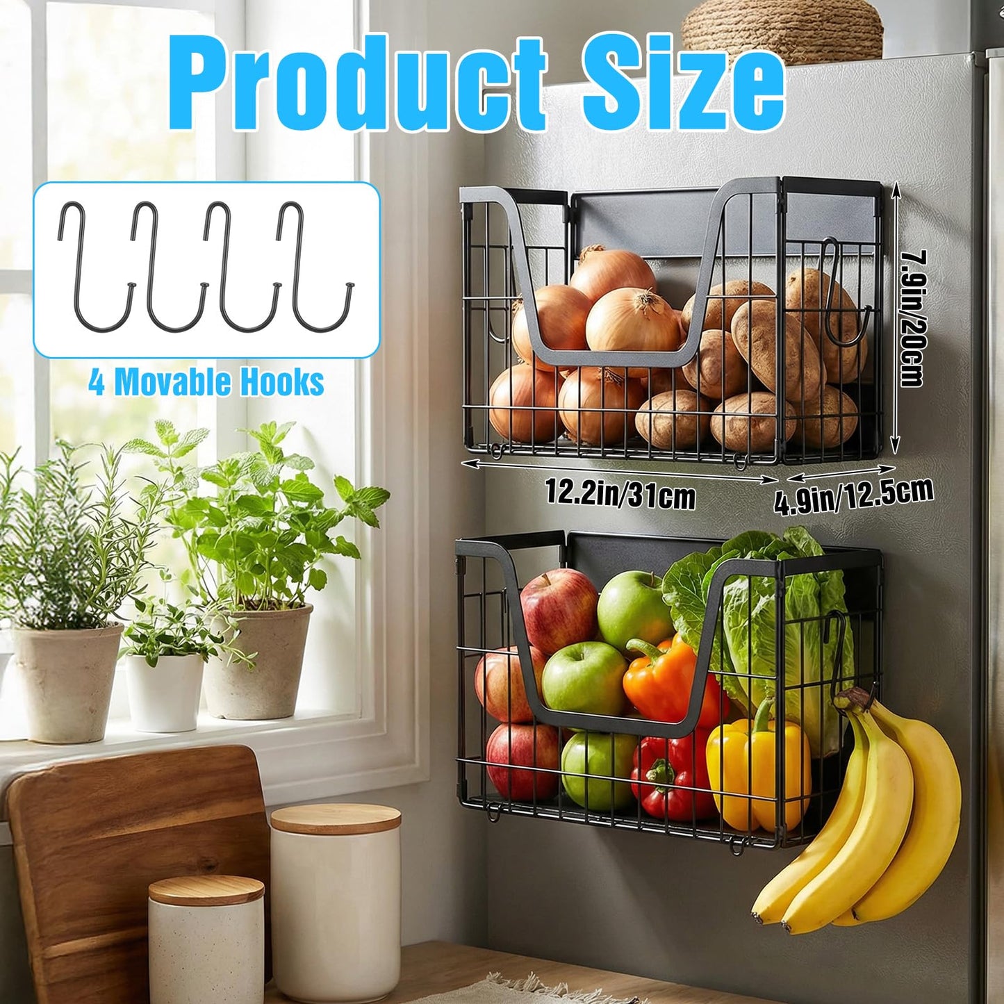 2-Pack Magnetic Shelves for Refrigerator – Heavy Duty Storage Baskets with Hooks, Space-Saving Fridge Organizer for Fruits, Vegetables, Snacks, Laundry & Kitchen Supplies