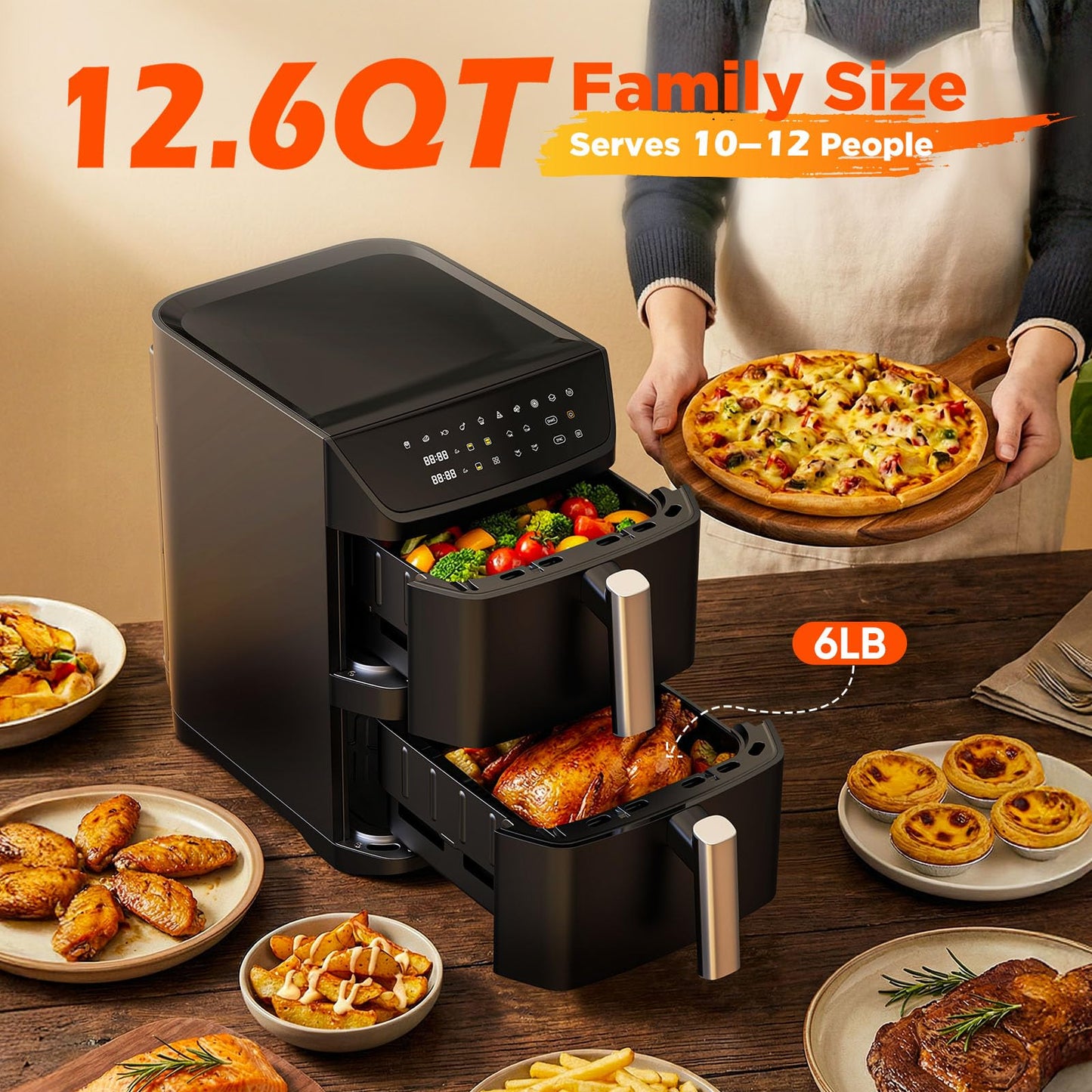 Dual Basket Air Fryer, 12.6QT Family-Size for 10–12 People, XL Basket for 6LB Whole Chicken, DoubleStack Compact Design, 10-in-1 Functions with Reheat, Dehydrate & SyncFinish, Dishwasher-Safe, Black