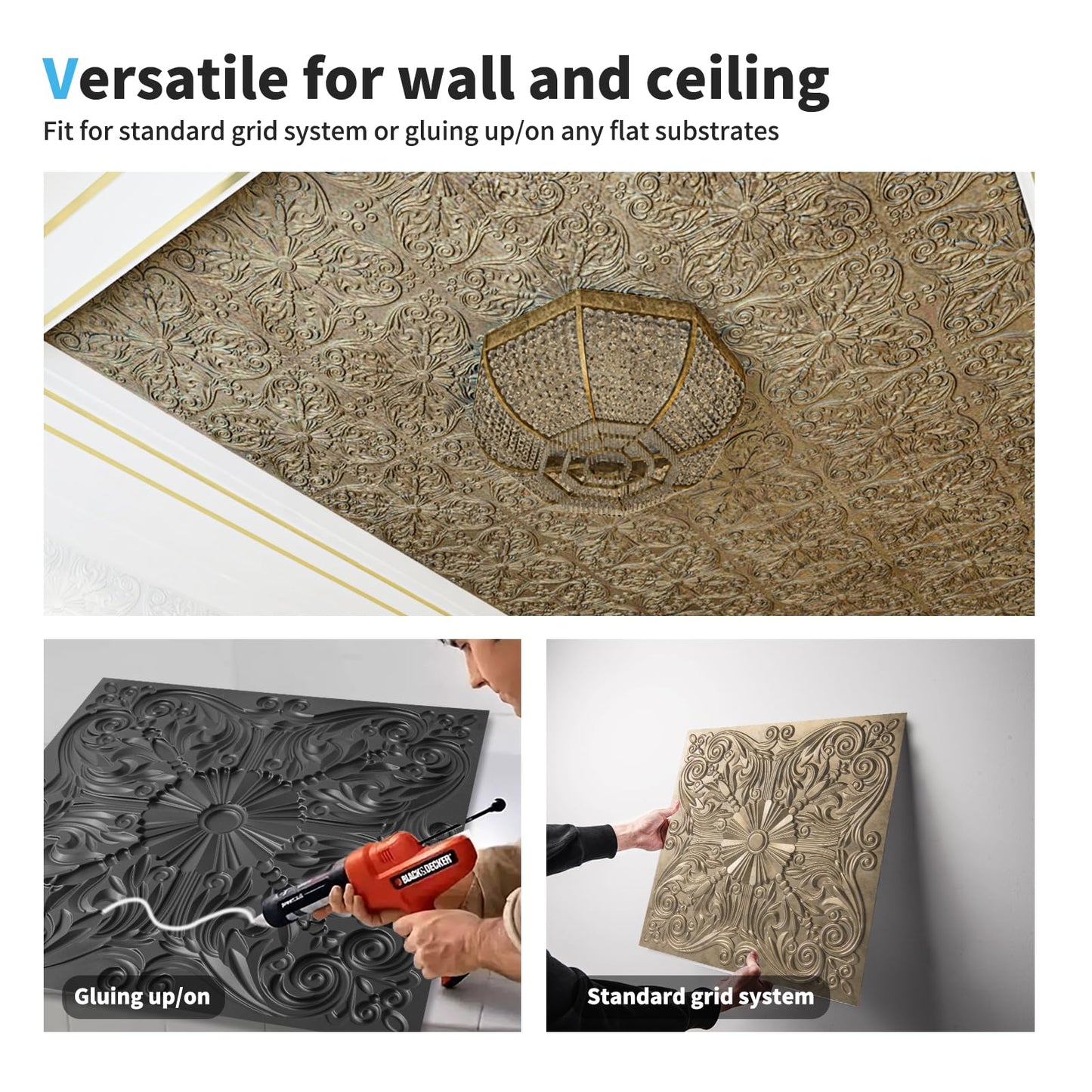 Art3d Decorative Ceiling Tile 2x2 Glue up, Lay in Ceiling Tile 24x24 Pack of 12pcs Spanish Floral in Antique Gold