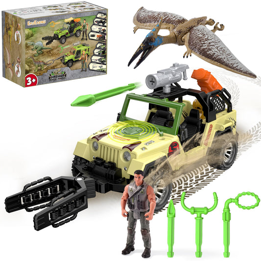 EKU Dinosaur Toys Truck with Human, 10 Realistic Sounds, 15ft Launch, Capture Net, Clamp, Wing Flapping Quetzalcoatlus Dino for Jurassic World Role Play Adventure Rescue Set Birthday Gift for Kids 3+