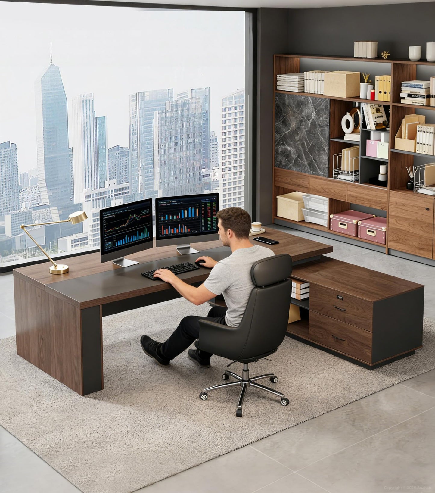 71" Reversible L-Shaped Executive Desk with Drawers – Large Office Computer Desk with Open Shelves, LED Lighting, Built-in Outlet & USB Ports for Home Office, Corporate, School (71"W x 63"D x 30"H)