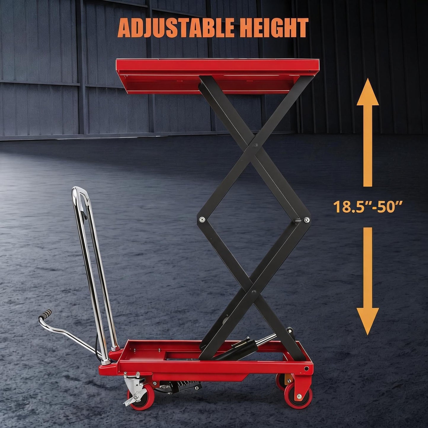 Hydraulic Double Scissor Lift Table Cart, 330 LBS Load Capacity, 50" Adjustable Height, Non-Slip Platform & 4 Universal Wheels, Heavy Duty Lift Table for Material Handling, Red
