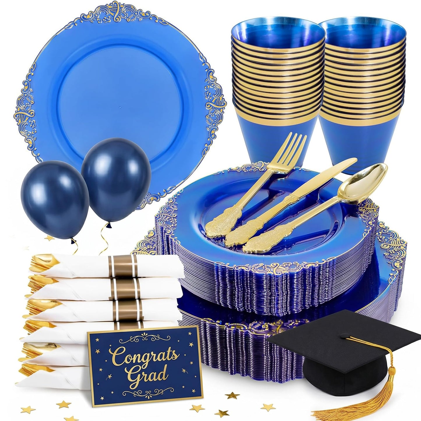 Nervure 175PCS Blue Plastic Plates - Disposable Blue Gold Party Plates & Pre Rolled Napkins with Cutlery for 25 Guests, 50Plates, 75Silverware, 25Cups, 25Napkin for Wedding & Party & Independence Day