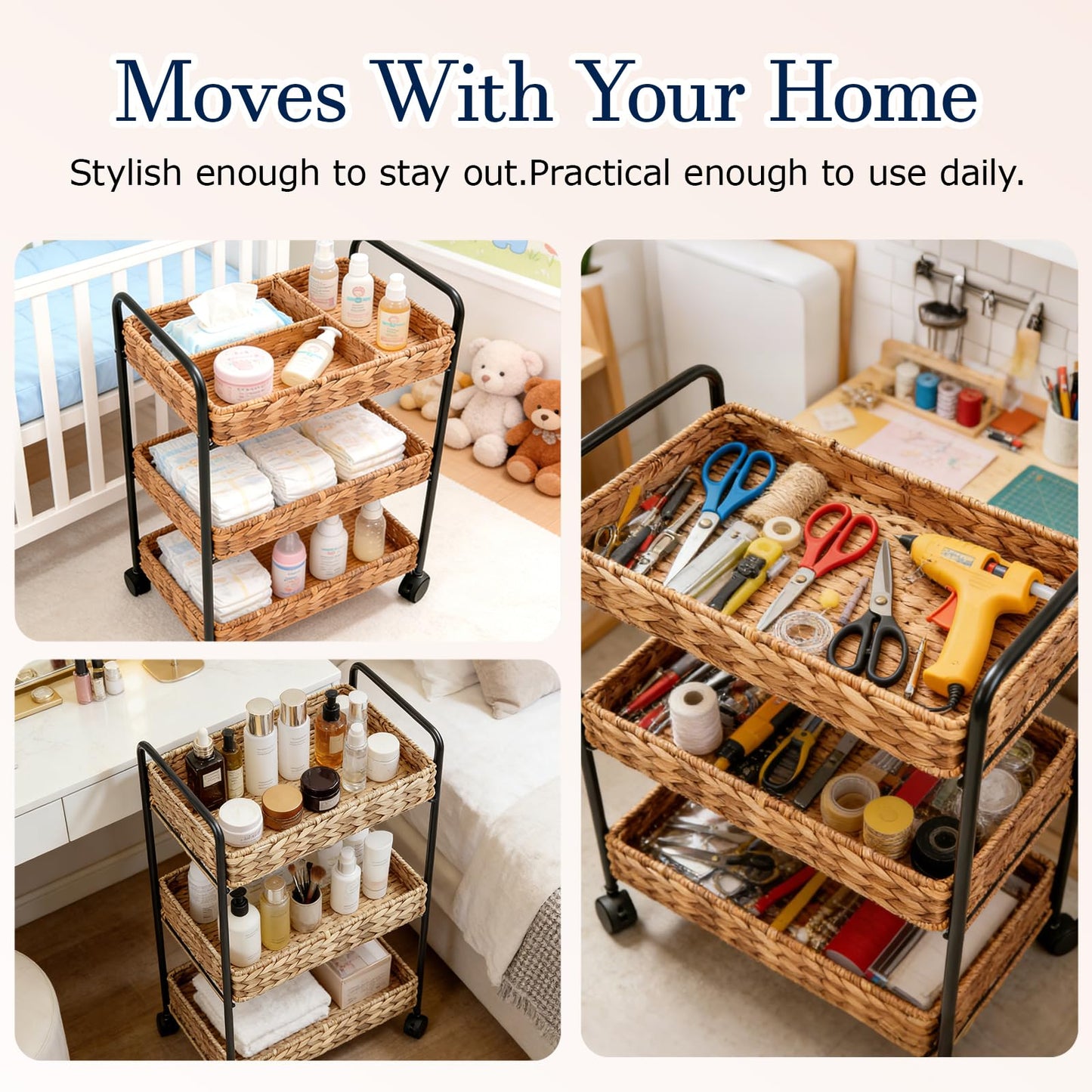 LuyaVogue 3 Tier Bathroom Cart with Woven Baskets, Bedside Cart for Baby Essentials, Boho Nursery Storage Cart, Slim Bathroom Cart Organizer, Natural Wicker Style