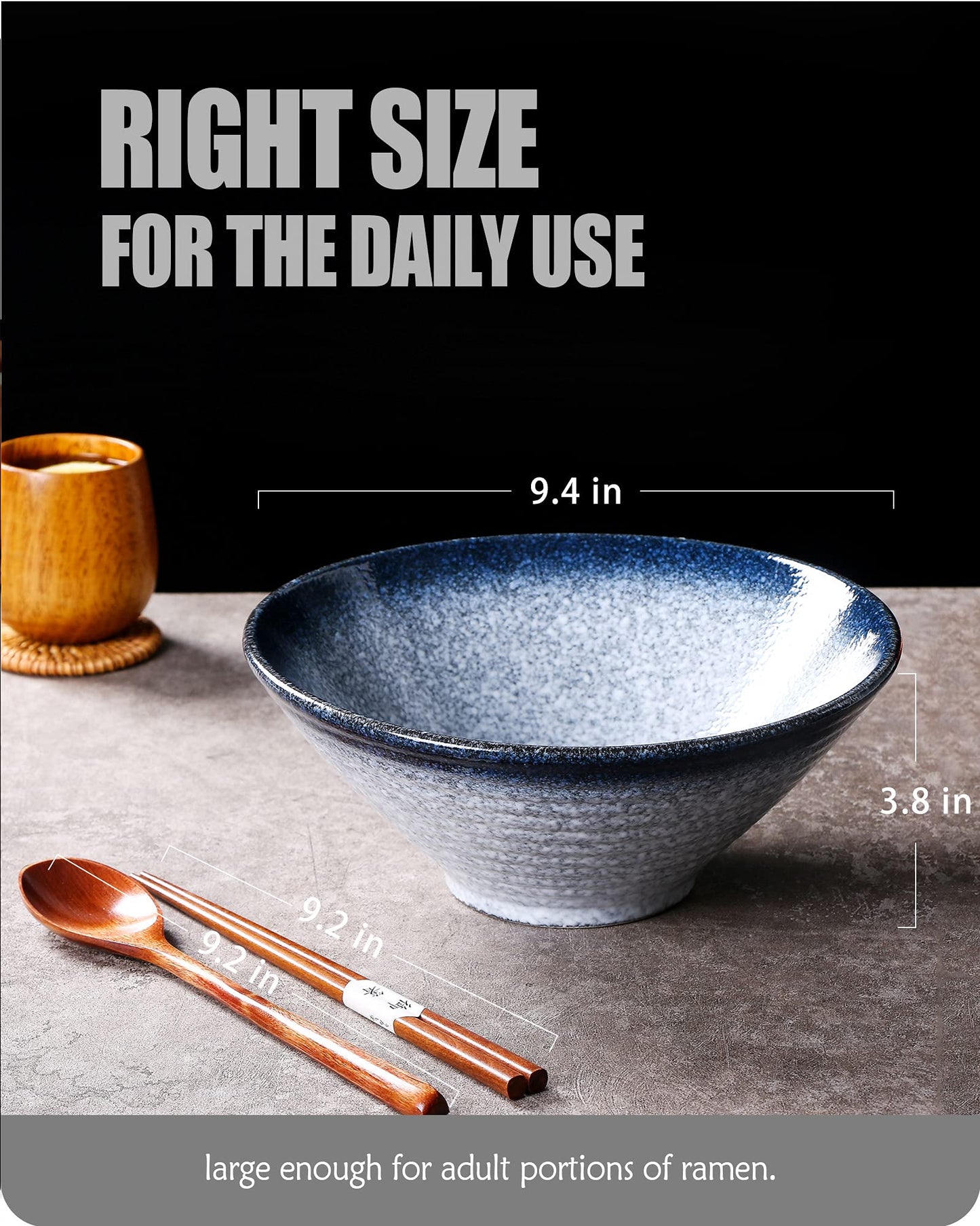 Lareina Ceramic Japanese Ramen Bowls, 2 Sets (6 Piece) 60 Ounce, Large Noodle Soup Bowl with Matching Chopsticks and Spoons for Asian Pho Udon Soba, Blue