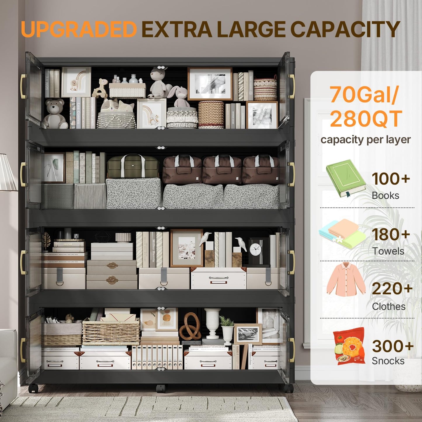 ARXYNEL Extra Large Stackable Storage Bins with Lid, 350Gal/1400QT Foldable Collapsible Storage Box with Doors, Wheels and Drawers, Plastic Closet Organizer Container for Kitchen, Bedroom, Dorm, 5Pack