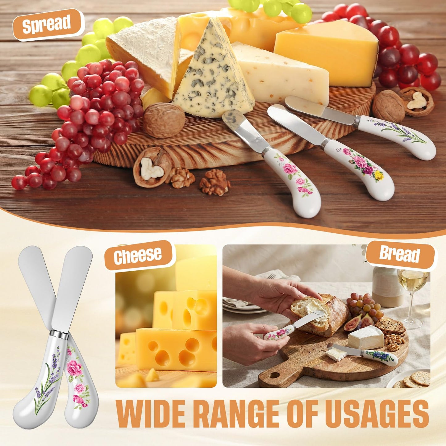Yiyiring 6 Pack Floral Cheese Spreaders 4.95" Stainless Steel Butter Knife with Ceramic Handle for Jam, Pastry, Butter Knife - Holiday Silverware & Festive Kitchen Cutlery