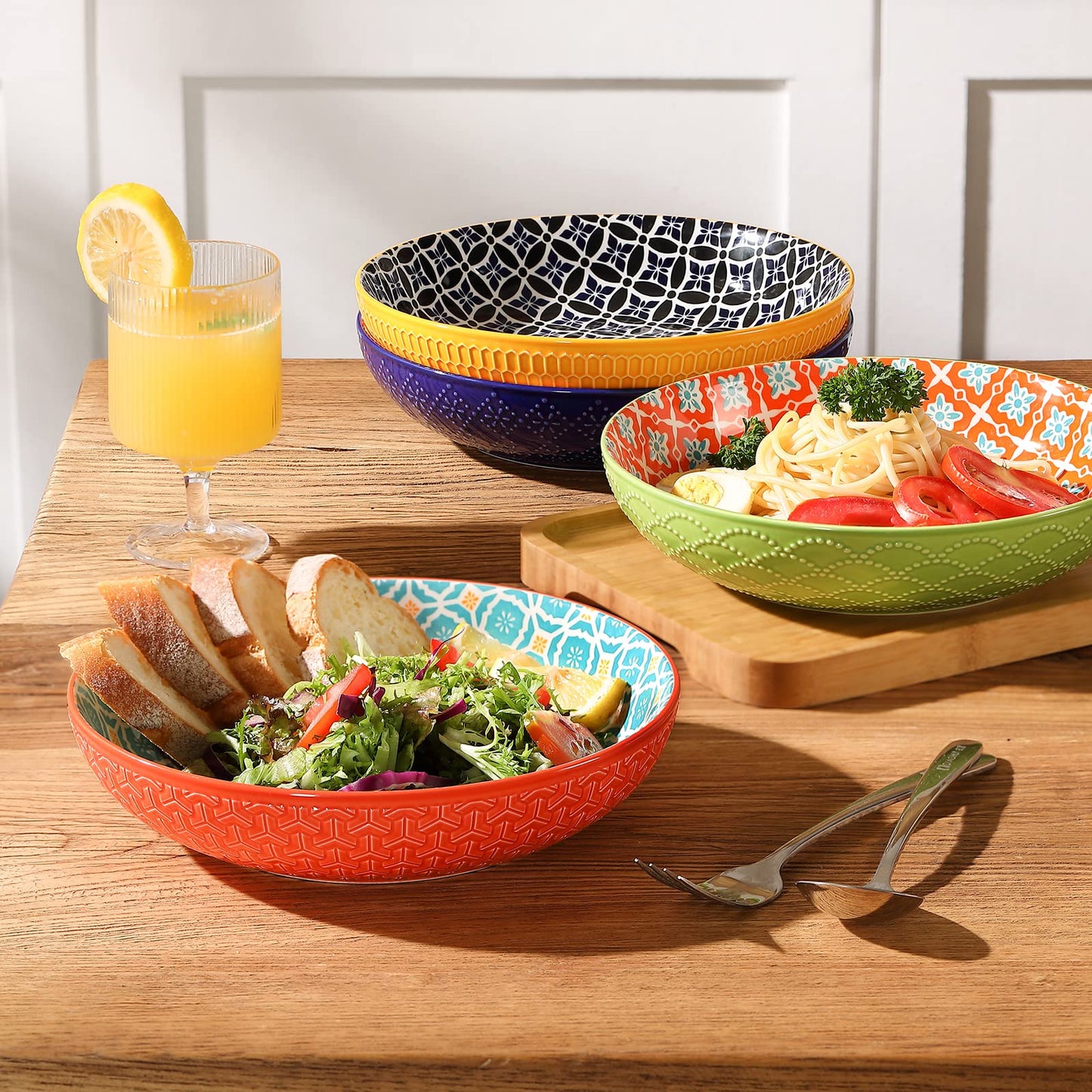 Metahom Ceramic Pasta Bowls, 40 Oz Large Salad Bowls, 8.75'' Wide and Shallow Bowls for Kitchen, Serving Bowls and Plates Set, Dishwasher & Microwave Safe, Set of 4
