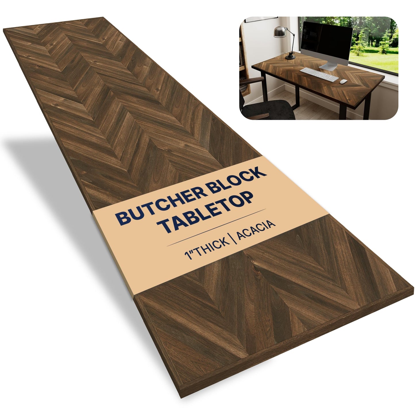 Howizz 72x30 in Solid Wood Table Top - 1in Thick Butcher Block Countertop for Standing Desk, Office Table, Workbench, DIY Furniture Projects, Dark Walnut Chevron