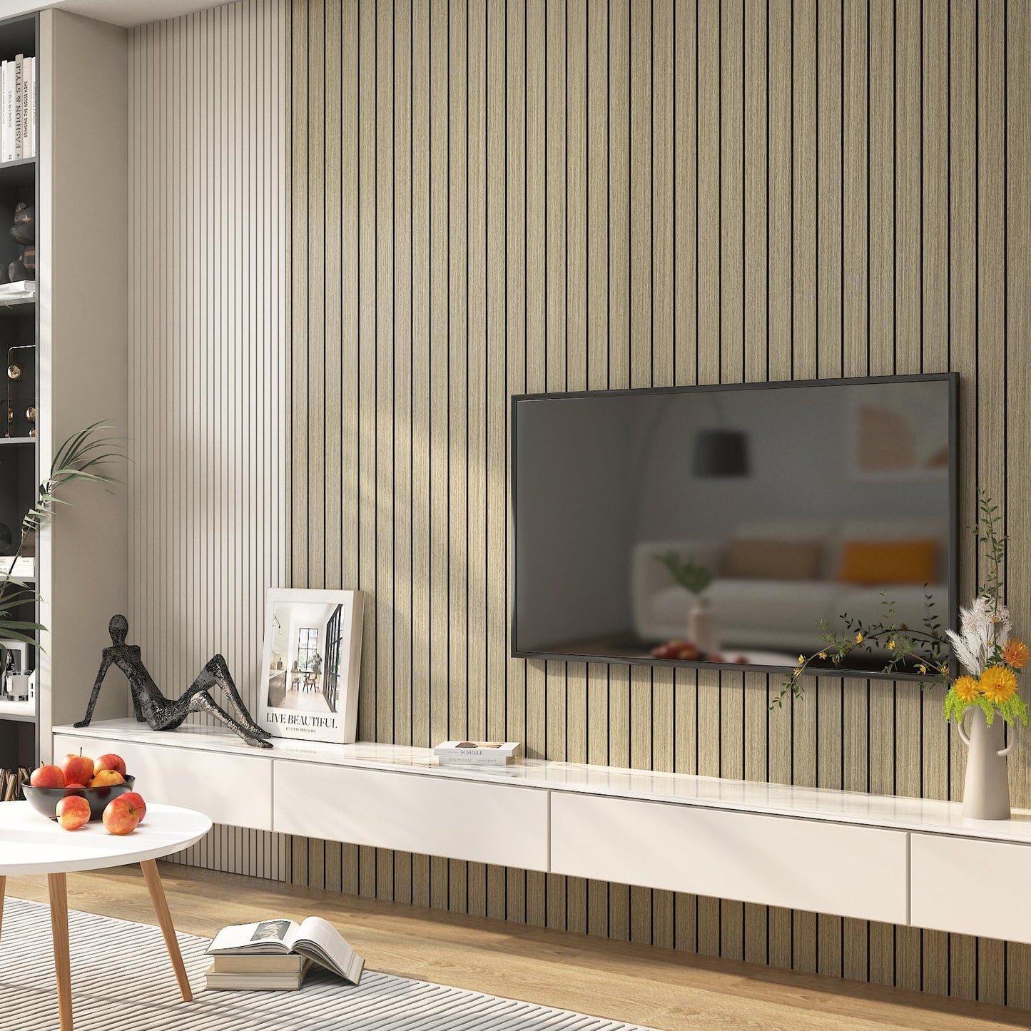 LaCheery 11.8"x157" Self Adhesive Wood Wall Panels Peel and Stick 3D Fluted Slat Wooden Accent Wall Panels for Living Room Walls Decorative PVC Wood Foam Panel Soundproof Waterproof Interior Decor