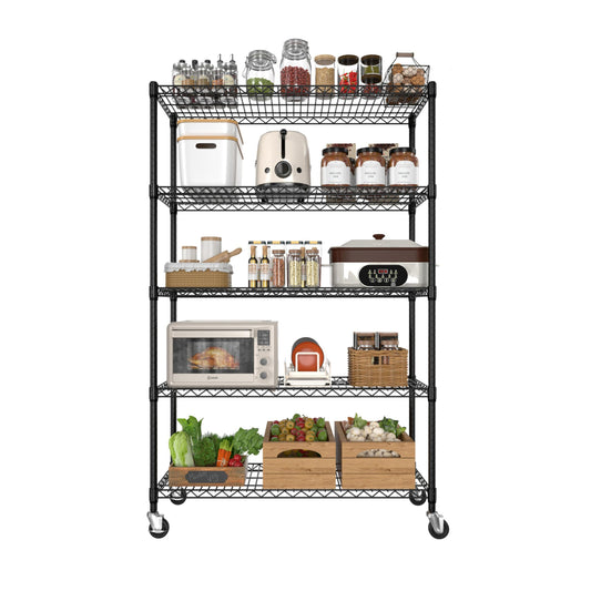 BlueWish 5-Tier Heavy Duty Steel Wire Shelving Unit with Wheels, Adjustable Storage Shelving Unit, 18" D x 48" W x 76" H NSF Certified Rolling Shelving for Kitchen Garage Basement Warehouse, Black