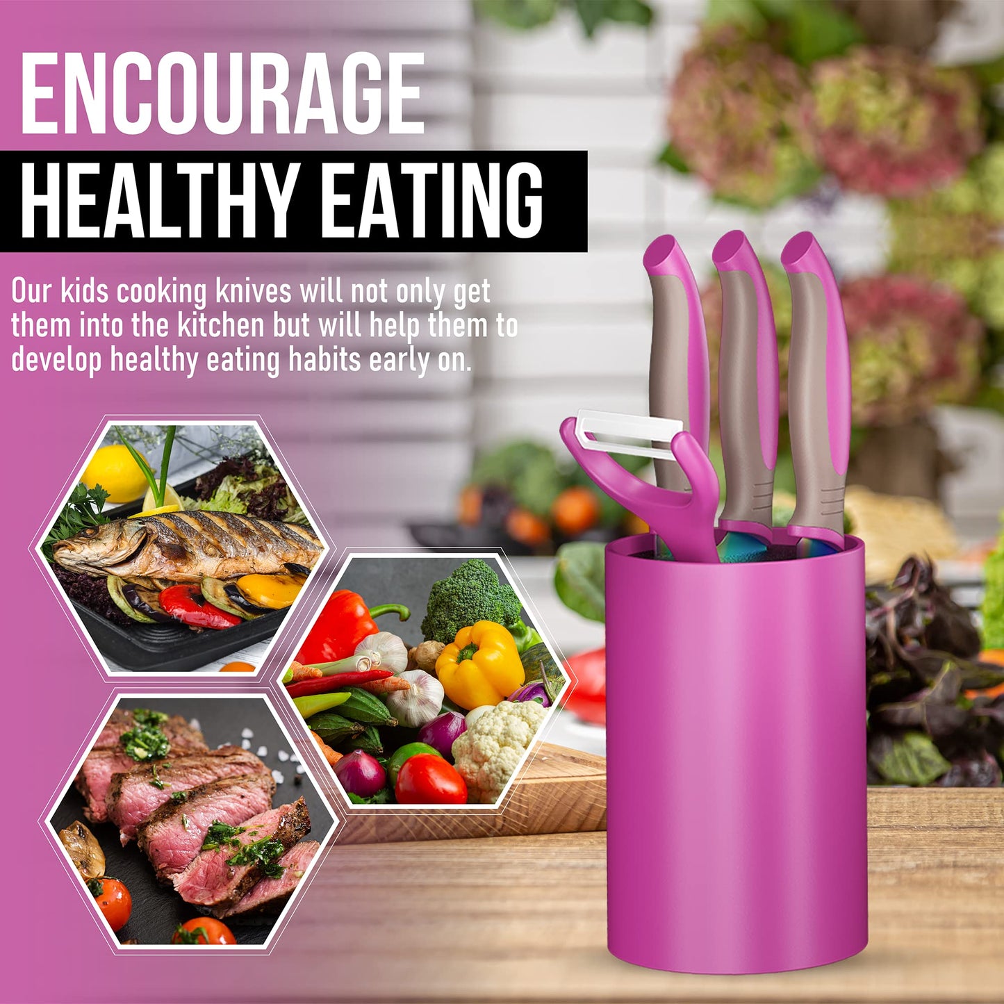 TruChef 5-Piece Kids Knife Set for Real Cooking | Stainless Steel Chef, Paring & Serrated Knives with Peeler & Holder | Safe Junior Chef Cooking Set for Kids (5 pcs, Pink)