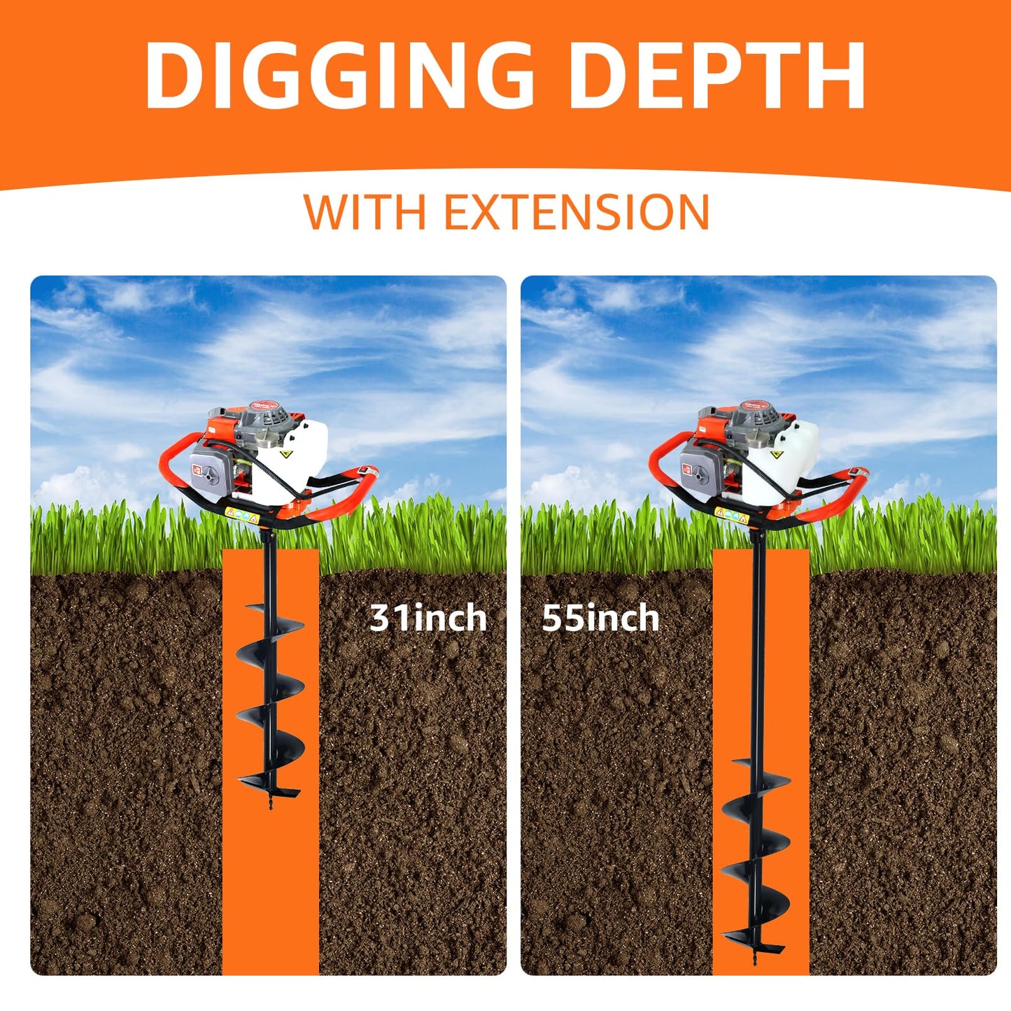 XJADQW 72CC 2-Stroke Gas Powered Post Hole Digger with 3" & 5" & 8" Auger Bits + 24“ & 24" Extension Rod, Heavy Duty Earth Auger for Farm, Garden, Landscaping, Construction