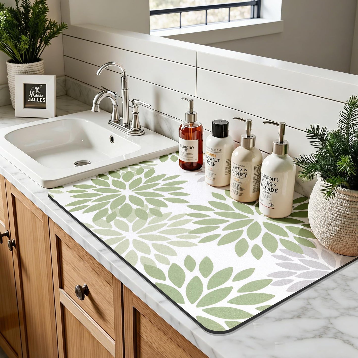 Findosom Floral Dish Drying Mat, 12" x 20" Super Absorbent & Hide Stain Coffee Mat, Cuttable Drying Mat for Kitchen Counter, Under Dish Rack, Coffee Maker, Espresso Machine, Sage Green