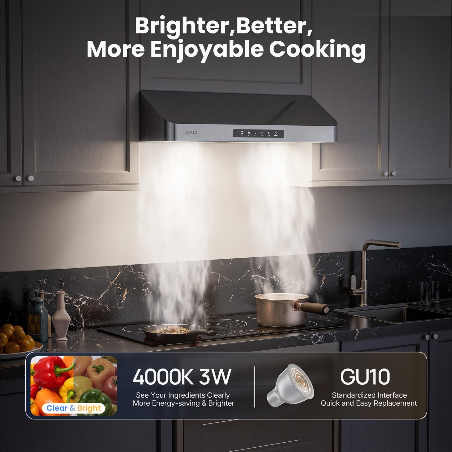 VIKIO HOME Range Hood 36 Inch Under Cabinet, Kitchen Hood with 980 CFM, 3-Speed Gesture Sensing & Touch Control Panel, Stainless Steel Vent 3 Pcs Baffle Filters with Handlebar, Ducted, LED light