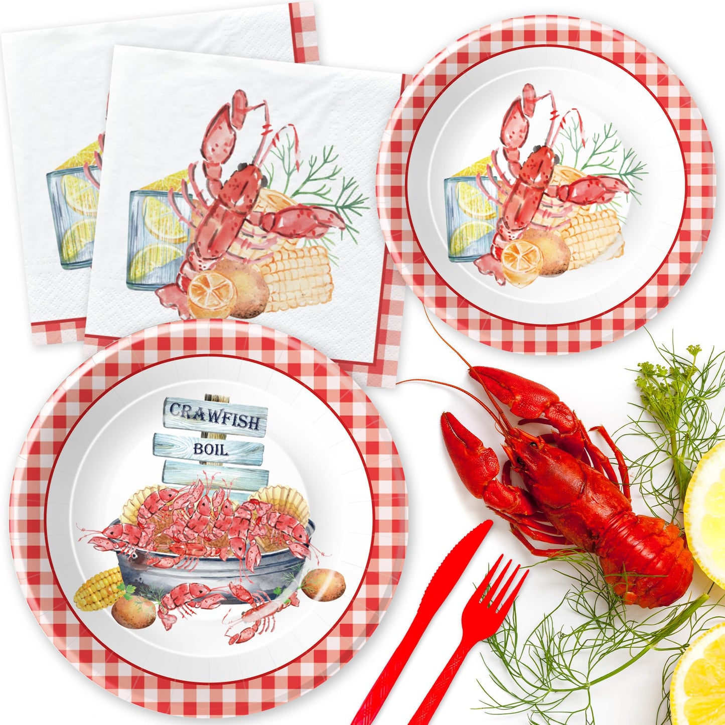 Xigejob Crawfish Boil Party Supplies, Lobster Crab Seafood Boil Party Decorations Tableware for Birthday Baby Shower, Paper Plate, Cup, Napkin, Tablecloth, Disposable Cutlery, Serves 24