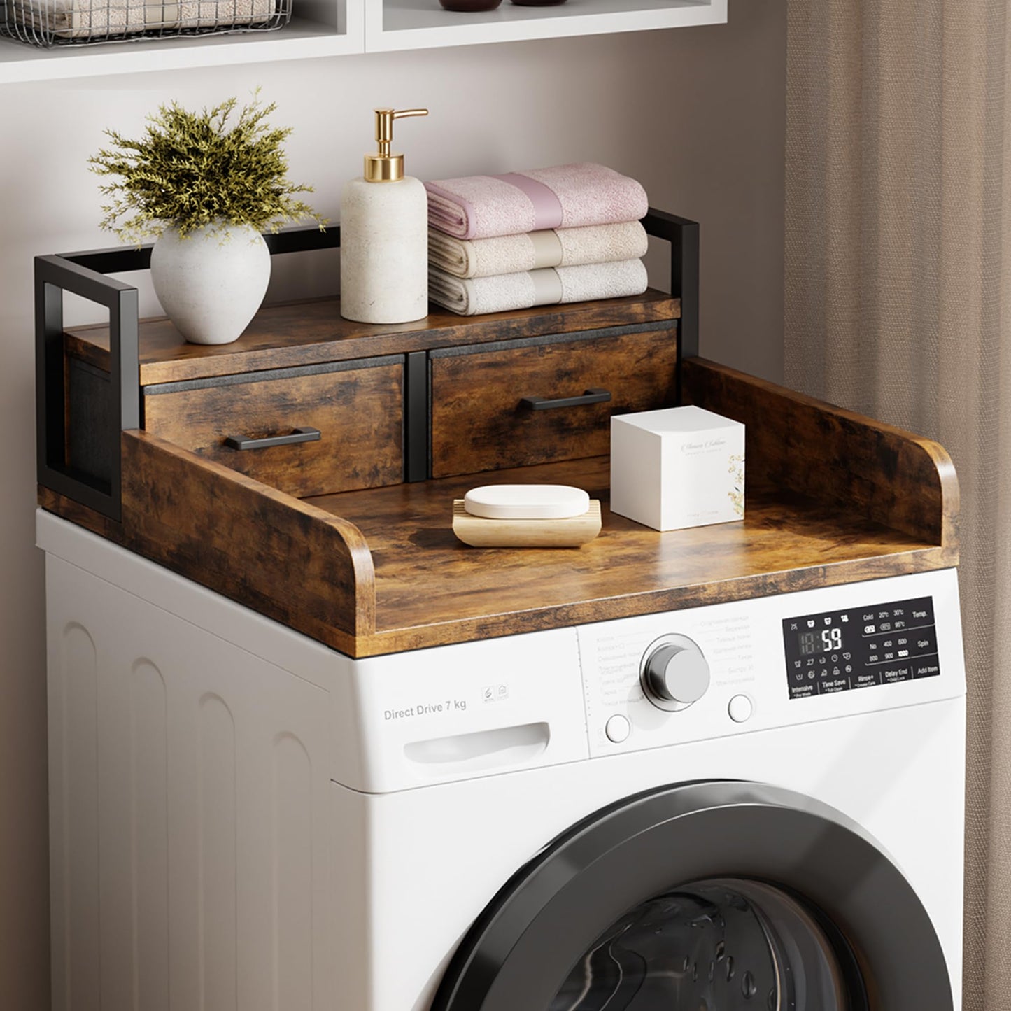 IDEALHOUSE 2-Tier Washer and Dryer Countertop with Shelf or Drawers, Laundry Countertop Cover with Non-Slip Pad, 54"X27.5" Laundry Topper for Folding Clothes Over Washer and Dryer-Retro