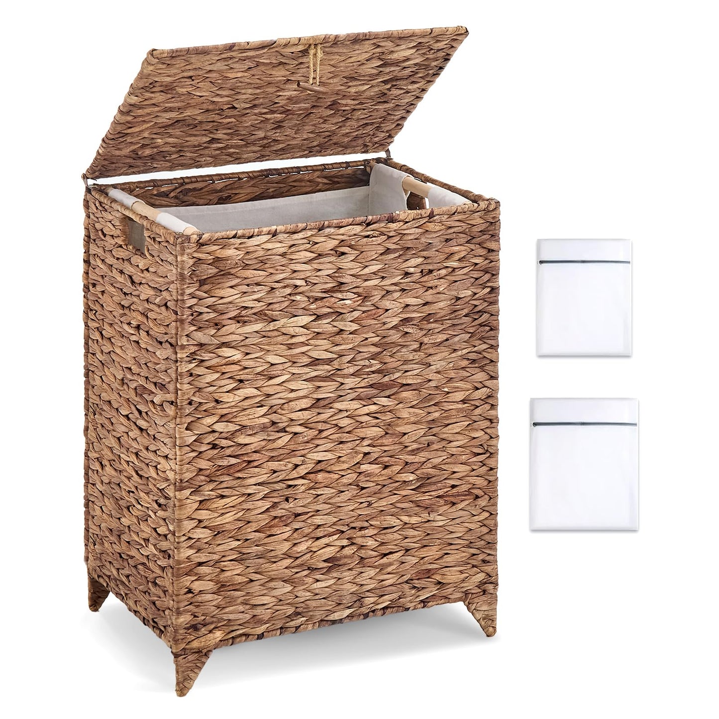 LGENHOOM Natural Hyacinth Laundry Hamper with Lid, Handwoven Heightened Feet Laundry Basket, Wicker Clothes Hamper with Removable Liner Bag for Clothes and Towels (Espresso, 90L)