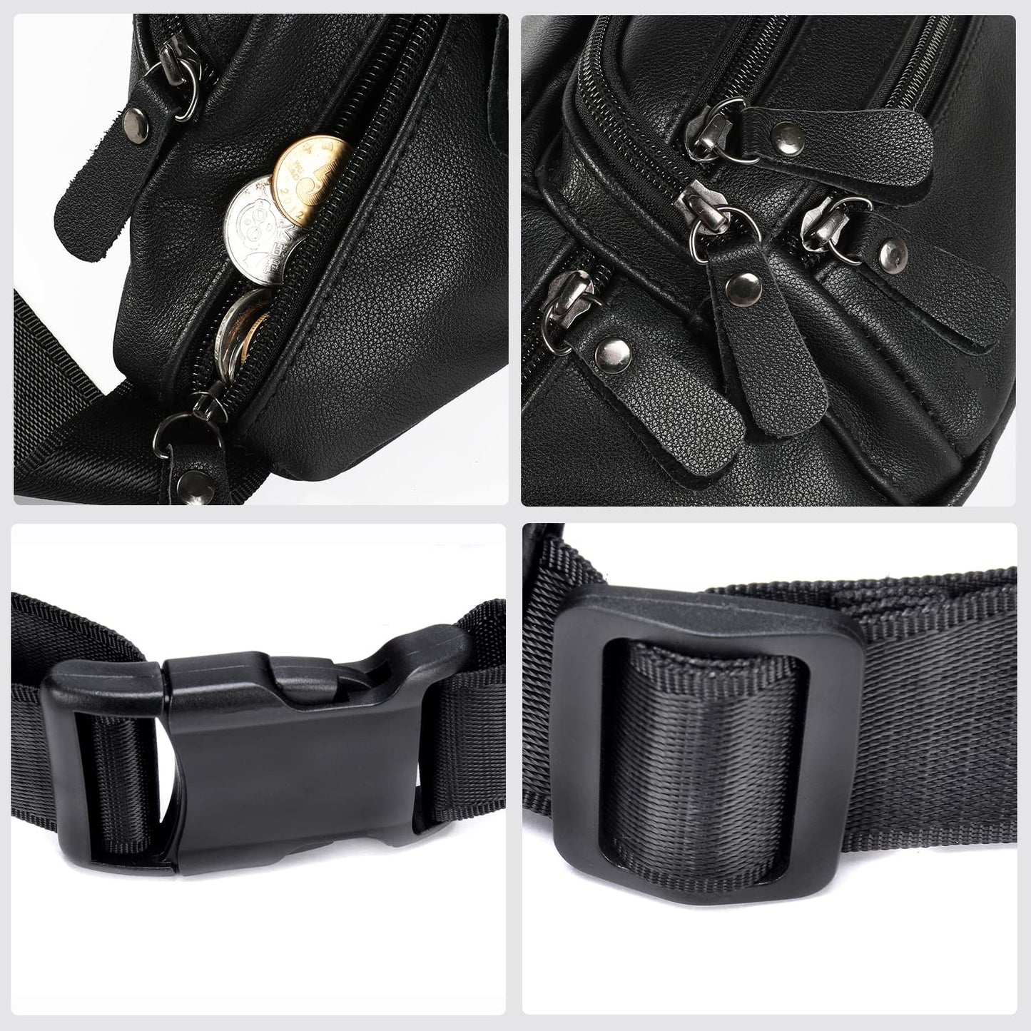 OrrinSports Black Leather Fanny Pack for Men & Women, Fashionable Multi-Pockets Waist Belt Bag for Travel Sports Hiking Cycling Fishing Running