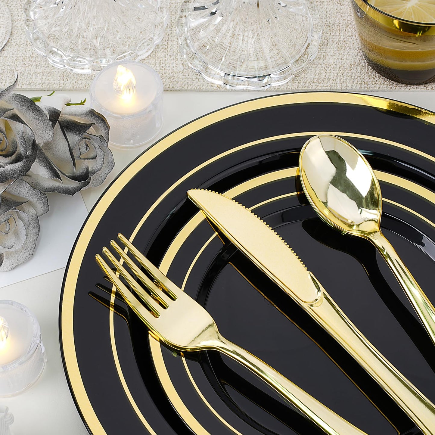 realluck 350 PCS Black Plastic Dinnerware Set for 50 Guests, 100 Disposable Plates for Party, 50 Pre Rolled Napkins with Gold Silverware, 50 Cups for Graduation