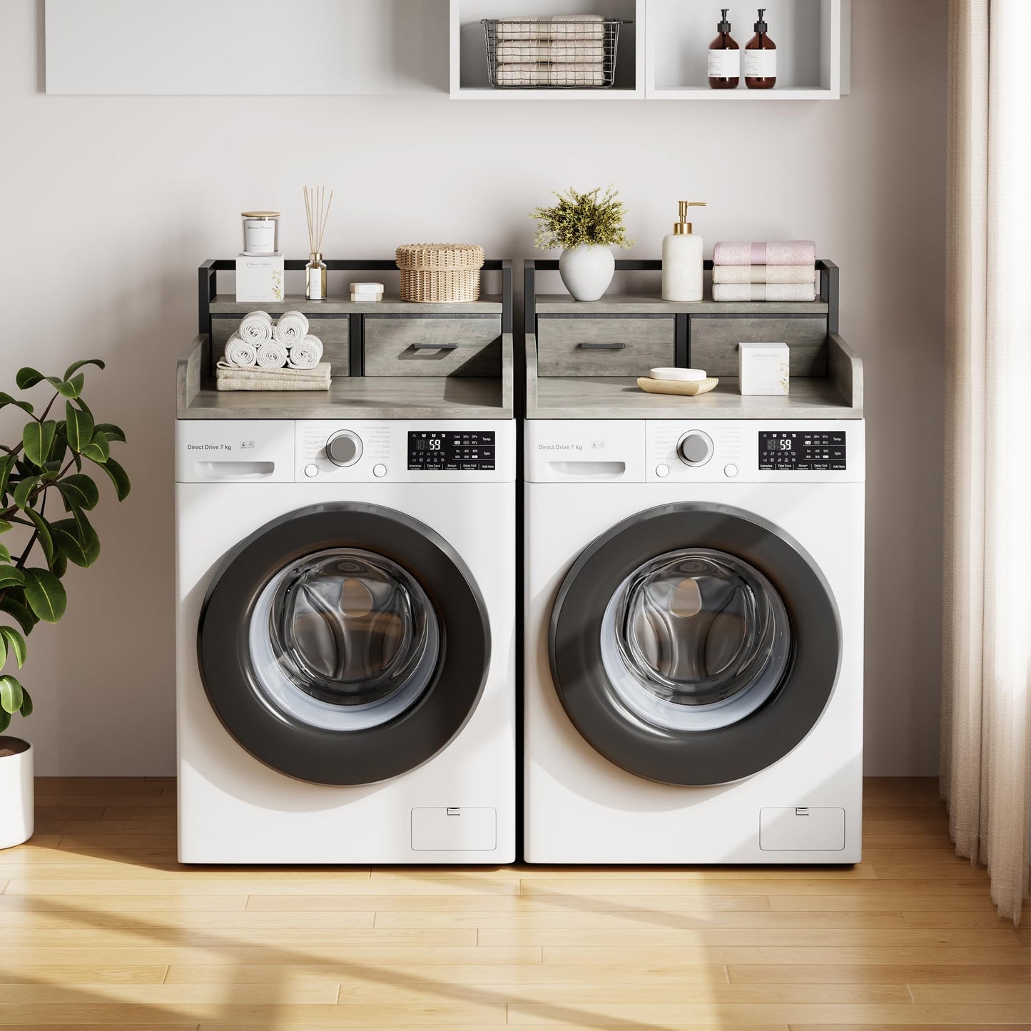 IDEALHOUSE 2-Tier Washer and Dryer Countertop with Shelf or Drawers, Laundry Countertop Cover with Non-Slip Pad, 54"X27.5" Laundry Topper for Folding Clothes Over Washer and Dryer-Grey