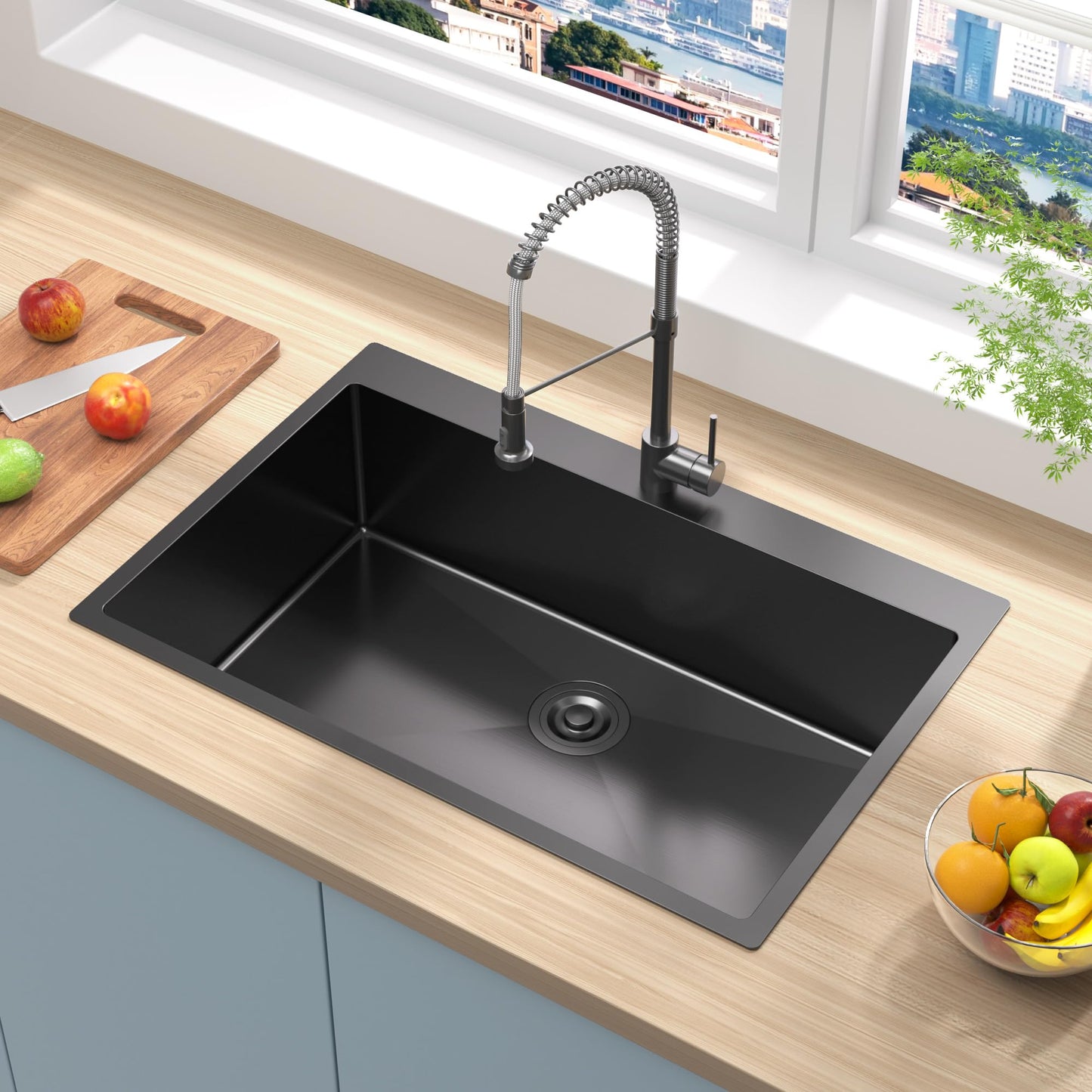 KOXKING 33x22x9 Inch Drop In Deep Single Bowl Kitchen Sink (Topmount), 16 Gauge SUS304 Stainless Steel Black Modern Handmade Sink