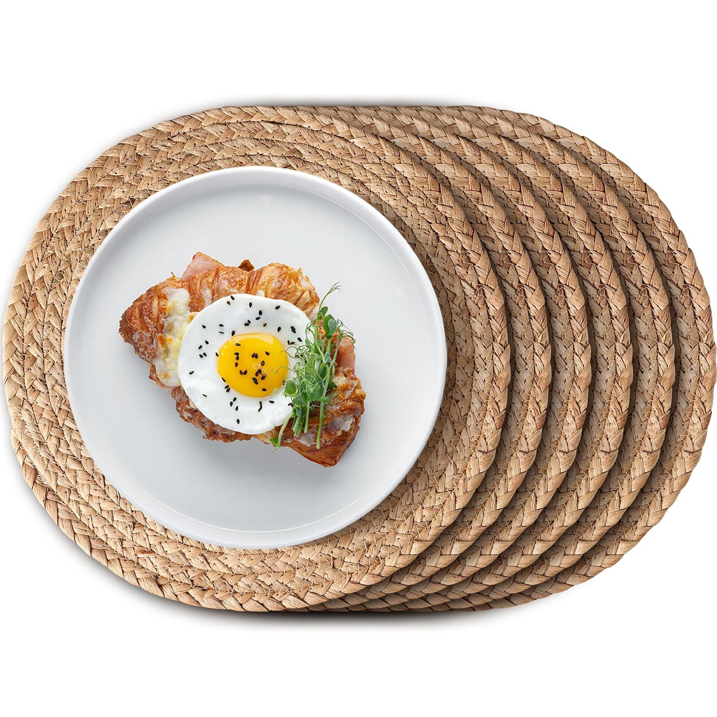 Aofmee 12 inch Round Woven Placemats Set of 6, Boho Rattan Place Mats, Natural Water Hyacinth Table Placemats, Farmhouse Weave Table Mats, Rustic Braided Wicker Charger Plates for Dining Table Decor