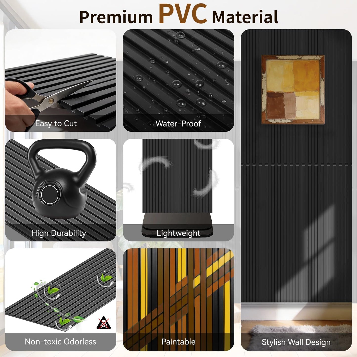RITOLLO 16-Pack PVC Slat Wall Panels for Interior Wall Decor, 19.7 x 19.7in 3D Fluted Panels, Cuttable Drop Ceiling Tiles for Bathroom, Studio and TV Background, Water-Proof & Renter-Friendly(Black)