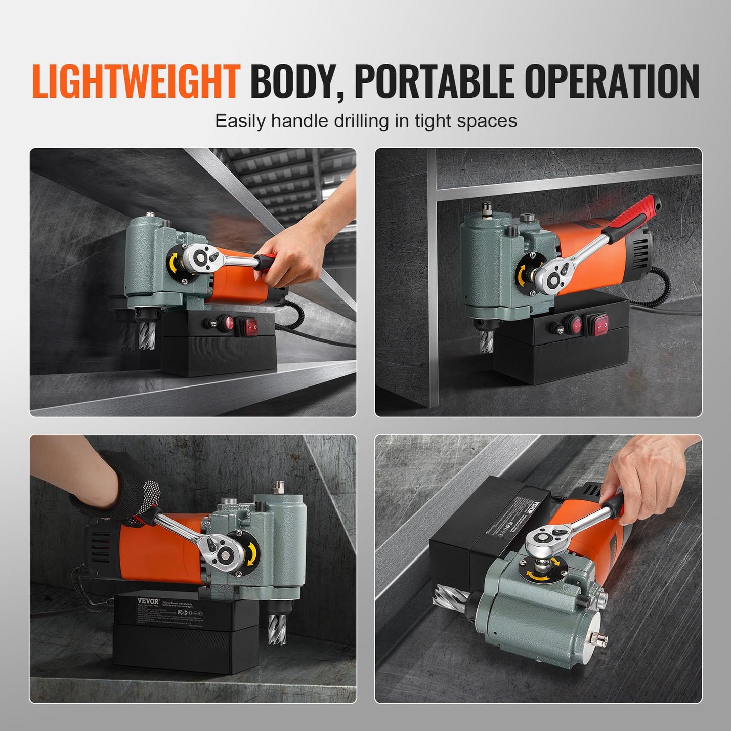 VEVOR Low Profile Magnetic Drill Press, 1300W Mag Drill, Light Weight Portable Mag Drilling Machine with Cooling Device and Overload Protection, Mag Press for Equipment Installation, Industrial