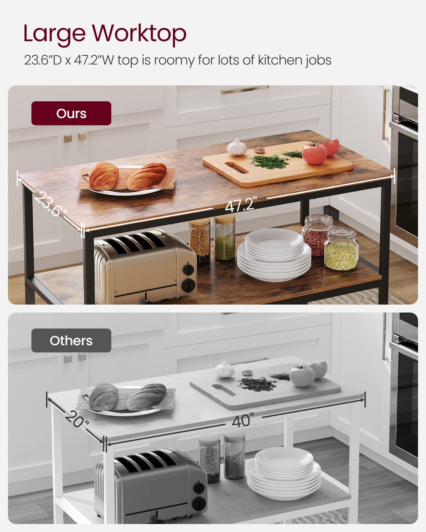 VASAGLE Kitchen Island with 3 Shelves, 47.2 Inches Width Kitchen Shelf with Large Worktop, Stable Steel Structure, Industrial, Easy to Assemble, Rustic Brown and Black UKKI01BX
