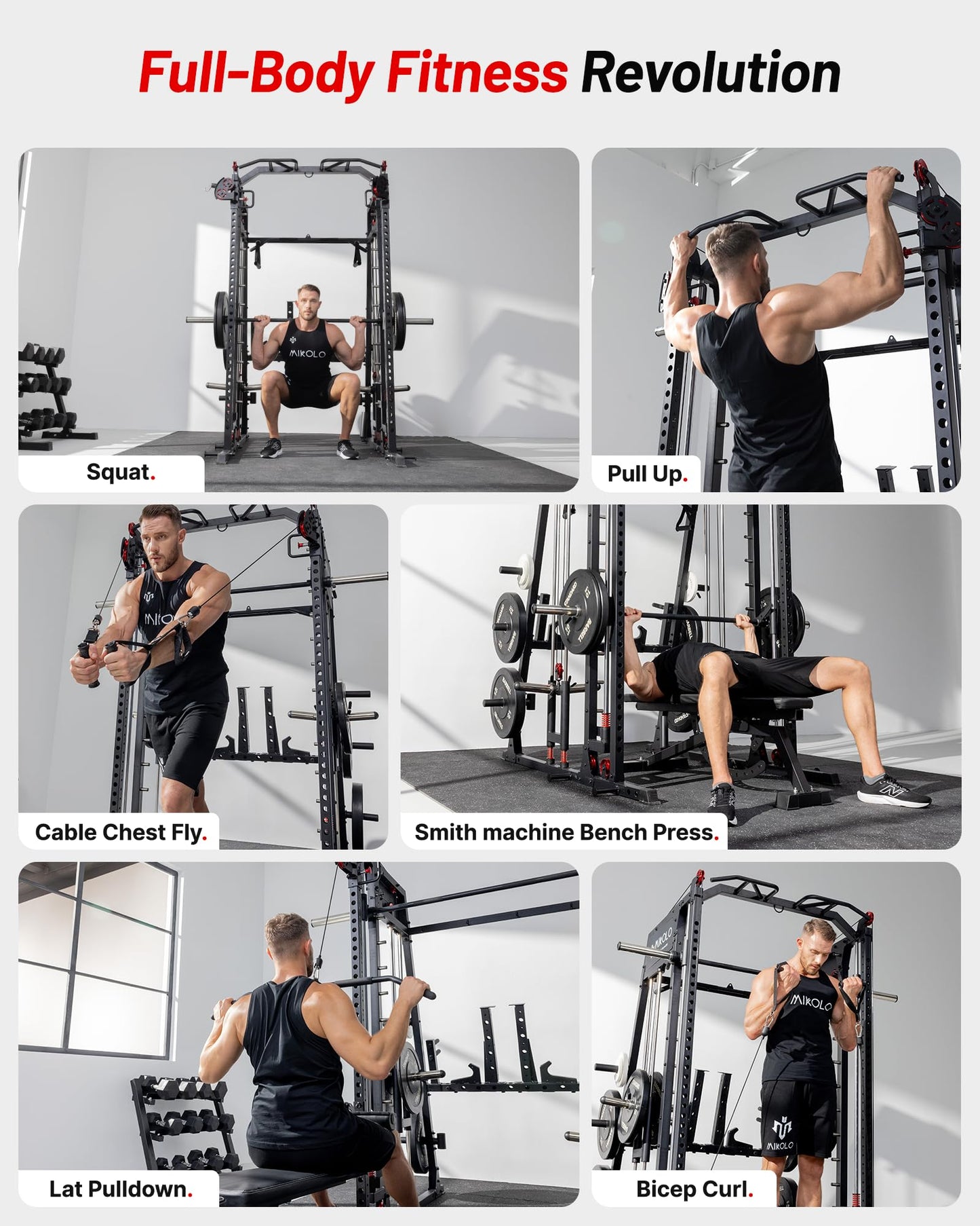 Mikolo M4 2.0 Ultra Smith Machine, Multi-Function Squat Rack with LAT-Pull Down System & Cable Crossover Machine, Training Equipment with Leg Hold-Down Attachment, Black